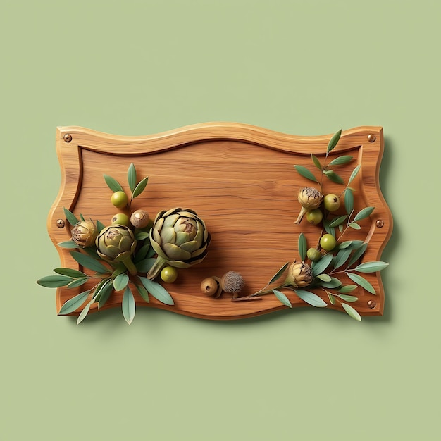 Photo 3d render of carved blank wooden sign board dried artichokes olive branches cute hedgehog figurines