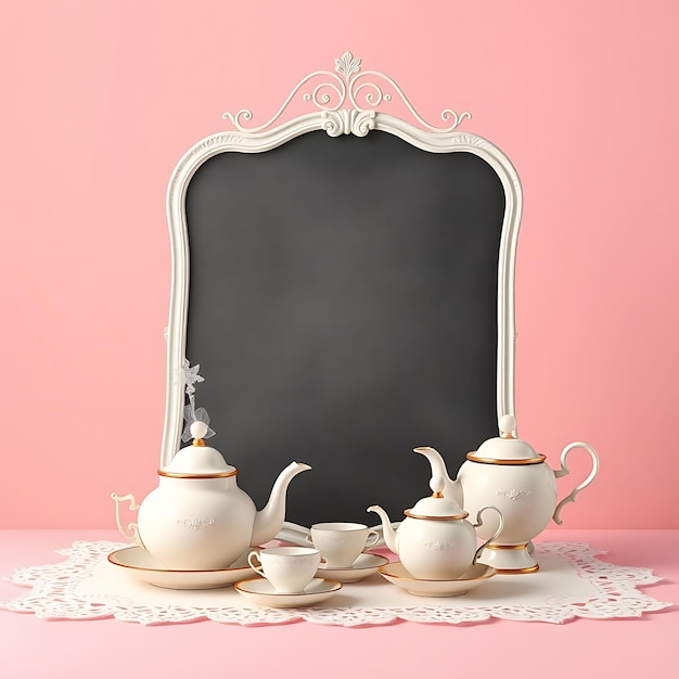 Photo 3d render of chalk paper blank sign board elegant tea sets tiered cake stands vintage teapots lace