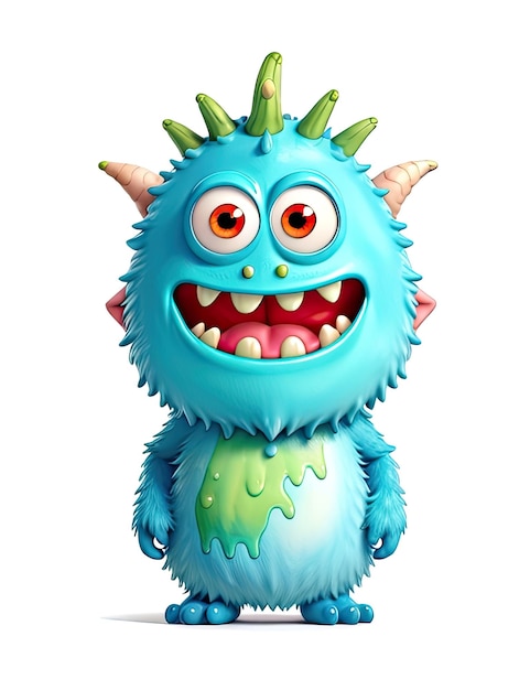 3D render character isolated on a white background cute blue monster smiling monster