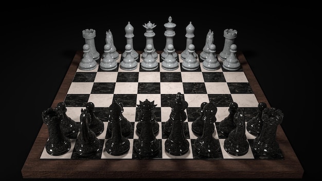 3d render of a chess game Marble pieces on a chessboard