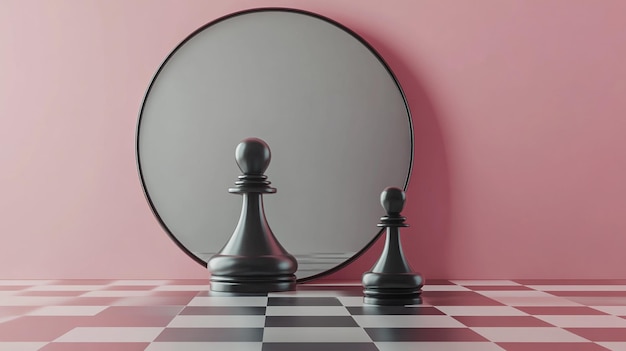 3d render chess game piece black pawn stands in front of the roun3d mirror with white reflection con