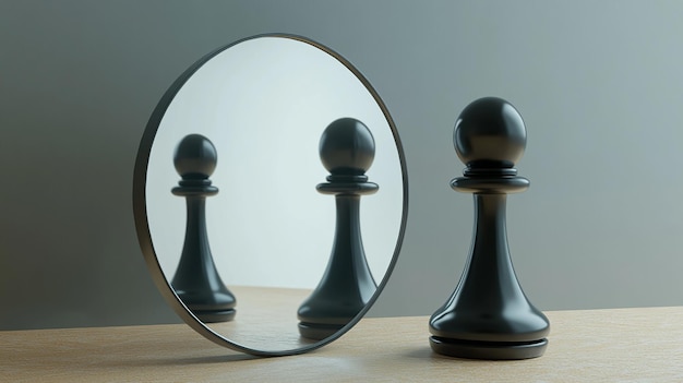 Photo 3d render chess game piece black pawn stands in front of the roun3d mirror with white reflection con