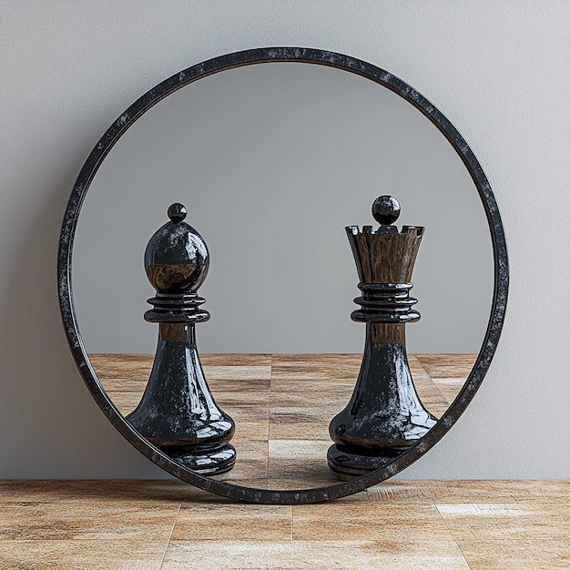 Photo 3d render chess game piece black pawn stands in front of the roun3d mirror with white reflection con