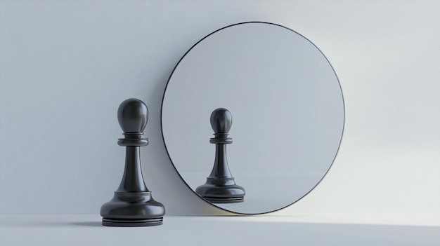 Photo 3d render chess game piece black pawn stands in front of the roun3d mirror with white reflection con