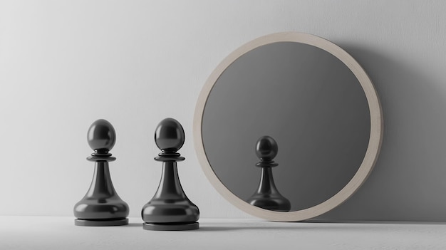 Photo 3d render chess game piece black pawn stands in front of the roun3d mirror with white reflection con