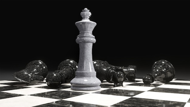 3D render of a chess king surrounded by lying black chess pieces Marble pieces on a chessboard