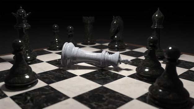 3d render of chess pieces on the board The white king is defeated and lies surrounded by other pieces Business concept