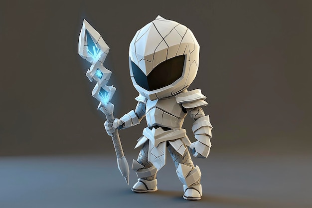 3D Render of a Chibi Knight in White Armor with a Glowing Staff