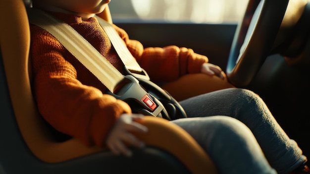 Photo 3d render of a child safely buckled in a car seat in a modern vehicle interior