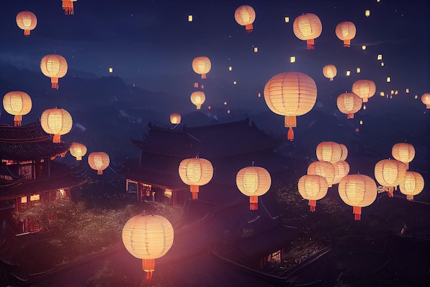 3d render of Chinese sky lanterns floating in a dark night sky indian diwali