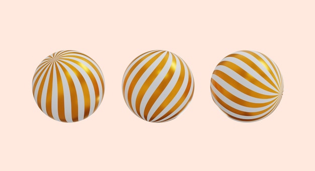 3d render of Christmas balls with golden stripes isolated on beige background