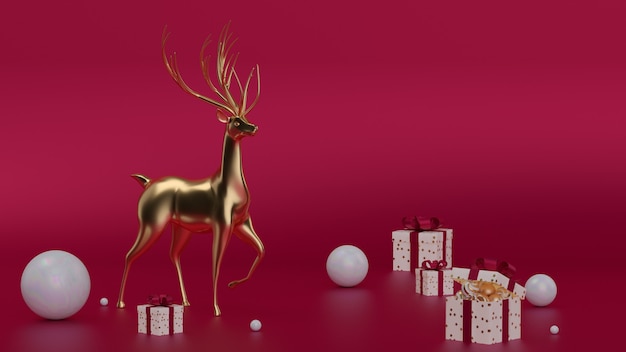 3d render Christmas banner. Xmas Background with realistic objects, Gold Metal Deer