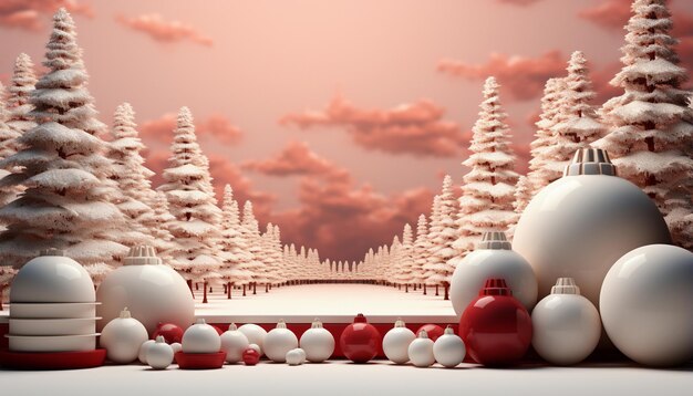 Photo 3d render of christmas baubles against snowy landscape with fir trees