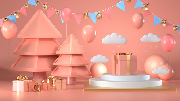 3d render of christmas gift box decorate on podium pink pastel