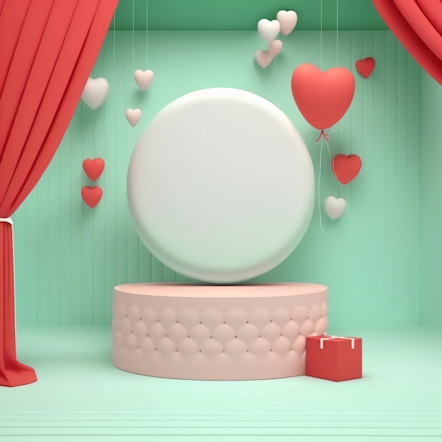 3D Render of Circular Frame On Podium With Hanging Heart Shape Balloons Gift Box And Red Curtains