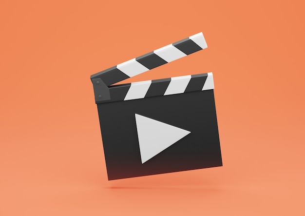 3d Render Clapperboard or Film Slate with Play Button on Orange Background.