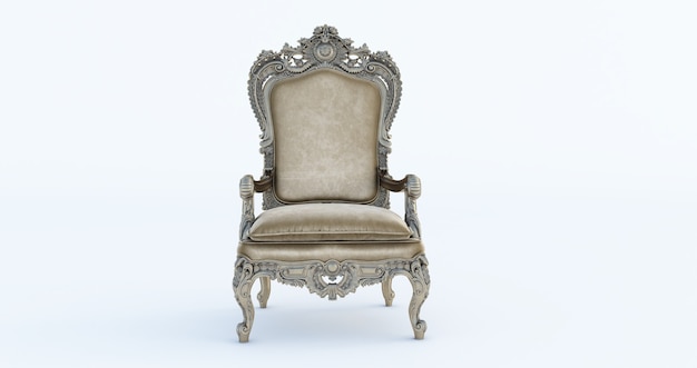 3D render of Classic baroque armchair throne in bronze and beige colors isolated on white background.