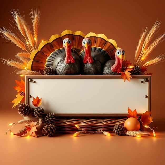 Photo 3d render of classic blank metal sign board turkeys pinecones whea inspired floral decorationst