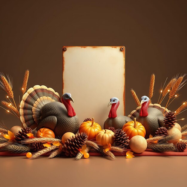 3D Render of Classic Blank Metal Sign Board Turkeys Pinecones Whea Inspired Floral Decorationst