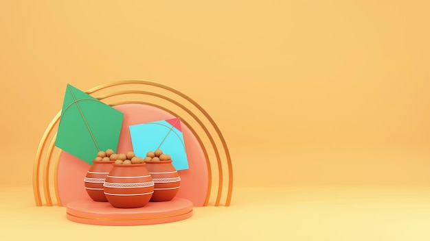 3D Render Clay Pots Full Of Indian Sweet Laddu With Kites Over Podium Semi Circle Frame And Copy Space On Pastel Orange Background