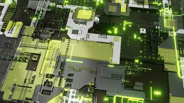 3d render. close-up view of pc motherboard, colorful and details.