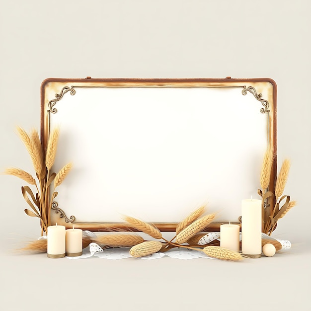 3D Render of Coastal Blank Metal Sign Board Corn Husks Wheat Stalk Inspired Floral Decorationss