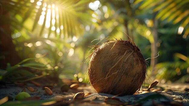 3D Render of Coconut on Ground With Sunlight Shining Through Palm Leaves