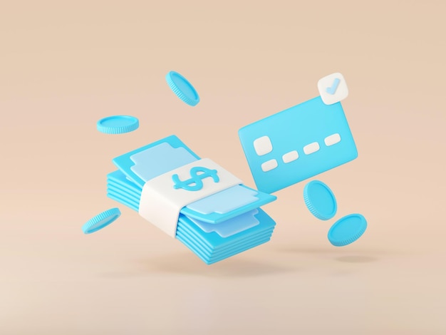 3d render of coins and bundles cash with credit card Financial concept