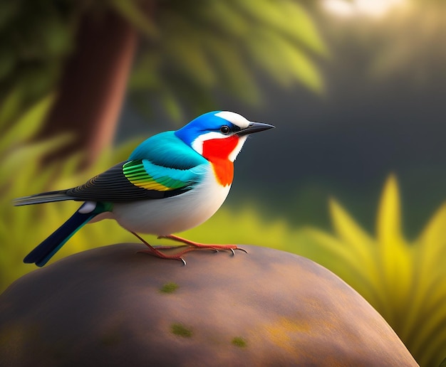 3d render of a colorful bird on a background of natural beauty