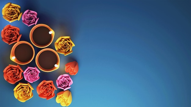 3D Render of Colorful Flowers with Lit Oil Lamps for Indian Light Festivals Happy Diwali Concept