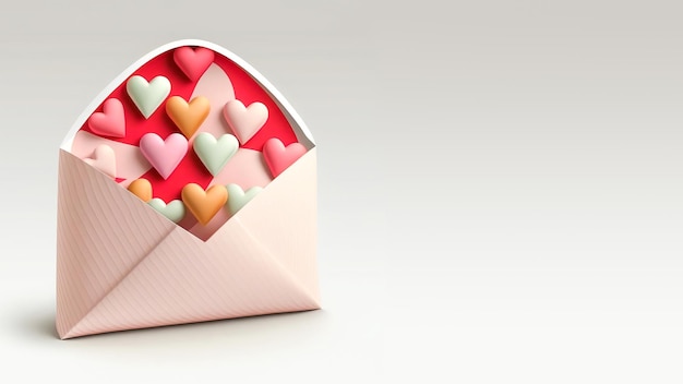 3D Render Colorful Hearts Inside Envelope On Pastel Grey Background