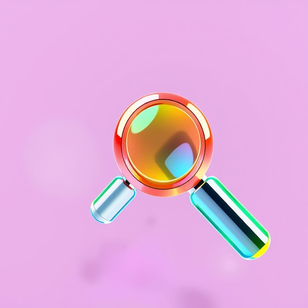 Photo 3d render of a colorful magnifying glass with a pink background