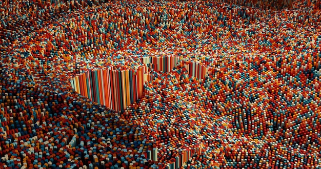 3d render of colorful micro hexagons in a random pattern grid Big data or artificial intelligence computing conceptfuturistic technological background floating circuits charts digits elements