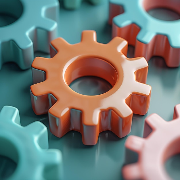 Photo 3d render of colorful orange and teal gears on blue background