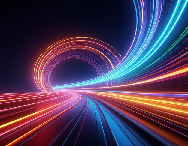 3D Render Colorful Speed neon light trail on dark background abstract motion curve light