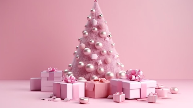 3D render composition Christmas tree with presents in pink Generative AI