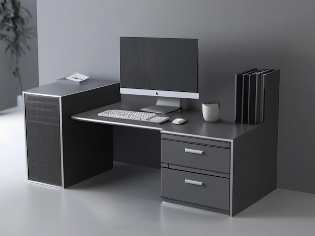 3D render of a computer desk in a room with a gray background