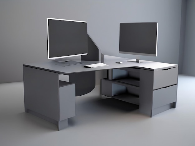 3D render of a computer desk in a room with a gray background