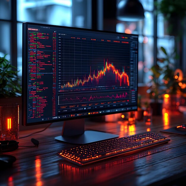 3D Render of Computer Workstation with Stock Chart and Illuminated Keyboard