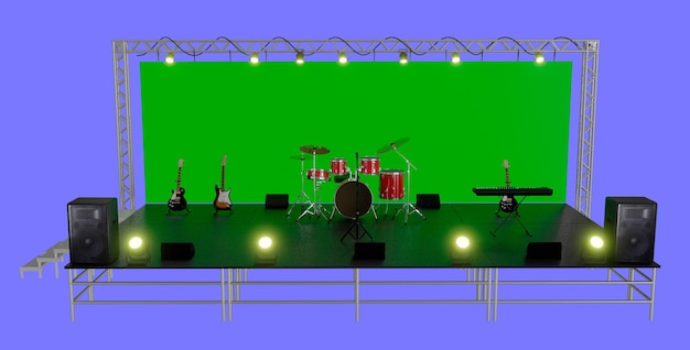 3d render of concert scene with stage and equipment, music icon