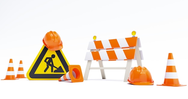 3d render under construction concept with road barrier, signs, helmet and cones on white background