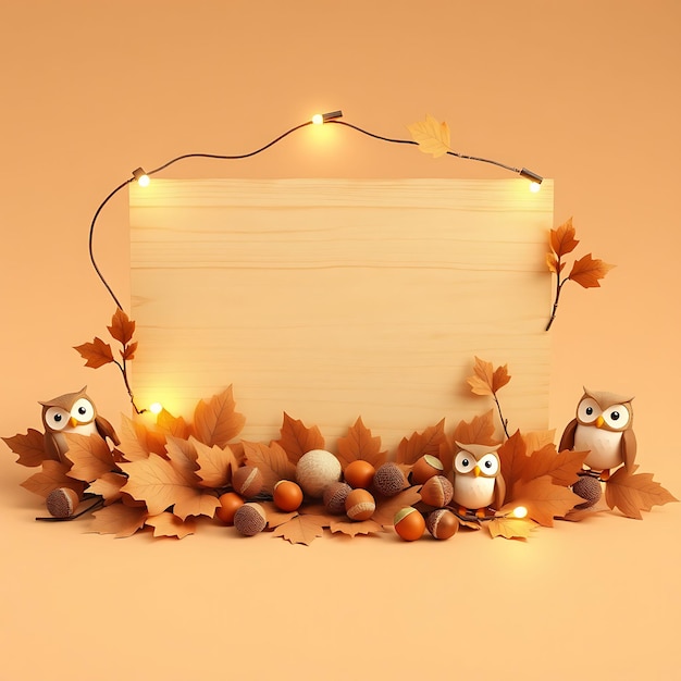 3D Render of Contemporary Blank Wooden Sign Board Acorns Oak Leaves Cute Owl Figurines String Lights