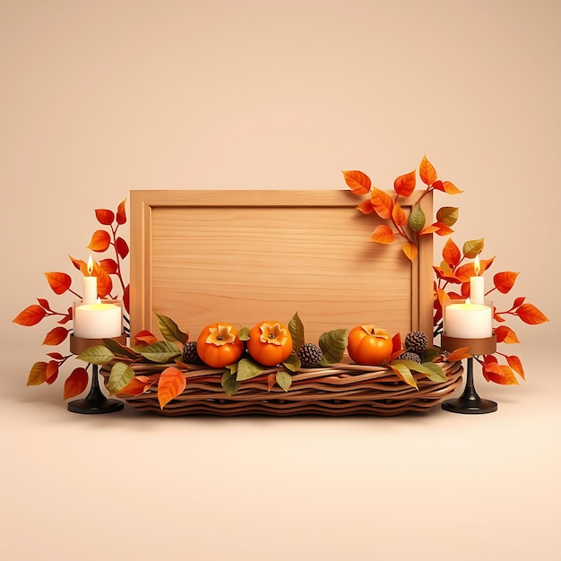 3D Render of Contemporary Blank Wooden Sign Board Persimmons Fall Inspired Floral DecorationsL