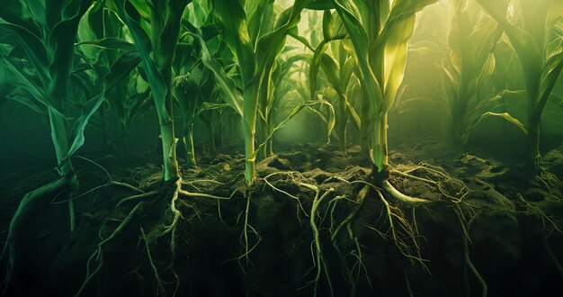 Photo 3d render of a corn field with roots in the ground