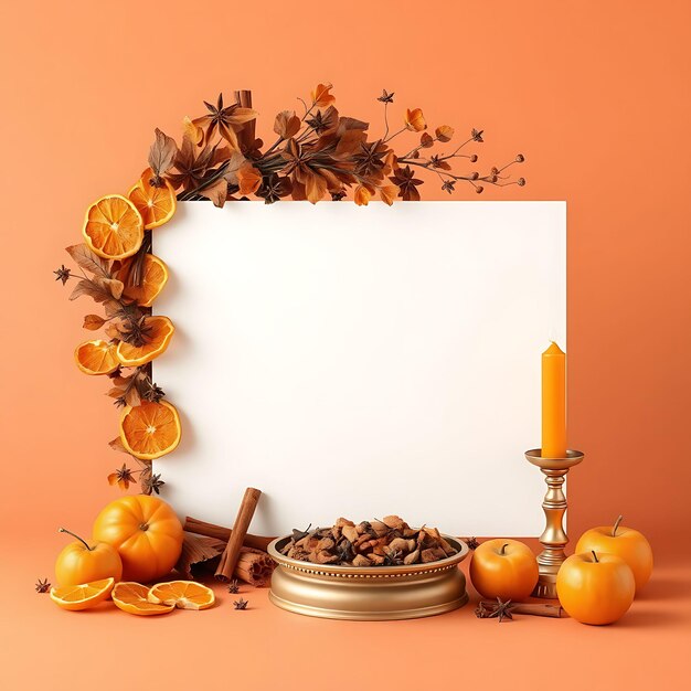 Photo 3d render of coroplast blank sign board dried orange slices cinnamon bundles clove studded apples or