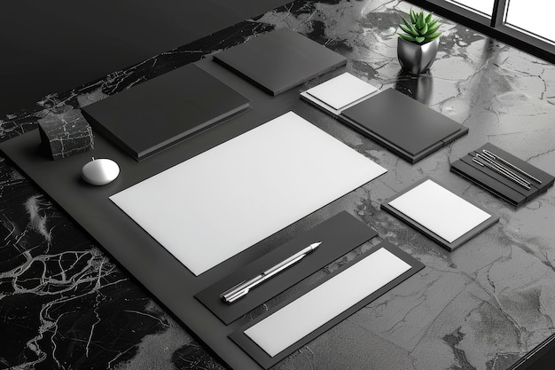 Photo 3d render corporate identity stationery mockup on black and marble template for branding design