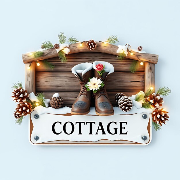 Photo 3d render of cottage blank metal sign board aspen logs pine needles snow covered pinecones led twink