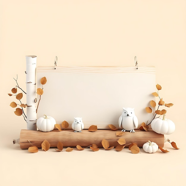 3D Render of Cottage Blank Wooden Sign Board Birch Logs Dried Leaves Cute Owl Figurines White Pumpki