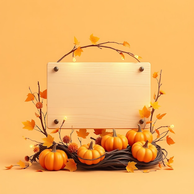 3D Render of Cottage Blank Wooden Sign Board Mini Pumpkins Fall Leaves Twigs String Lights Placed in