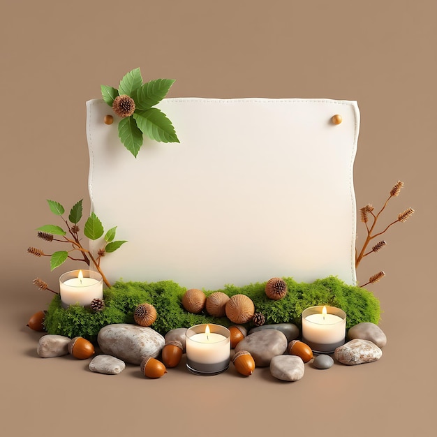 3D Render of Cotton Blank Sign Board Acorns Moss River Stones Votives With Acorns as the Main Object